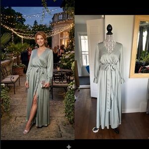 Gorgeous Baltic Born Satin Sage Belted Double Slit Maxi Dress Gown. Medium.